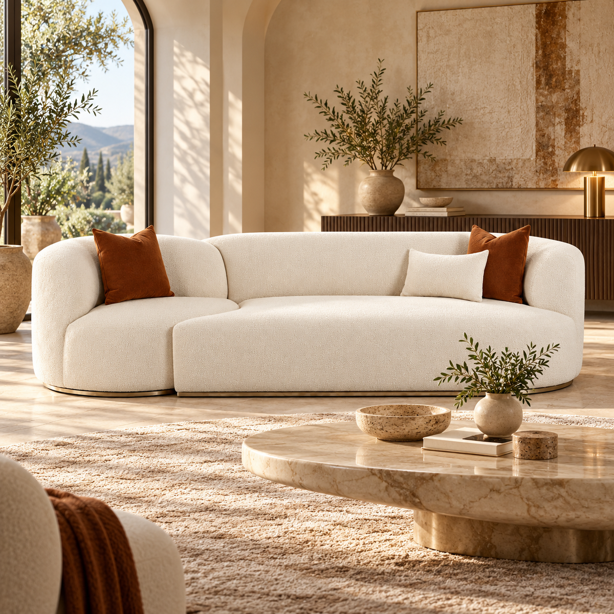 TV-FICKLE CREAM PERFORMANCE BOUCLE 2-PIECE MODULAR SOFA