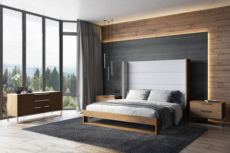 VG -MODREST HELENORA - CONTEMPORARY GREY FABRIC & WALNUT TRIM BED