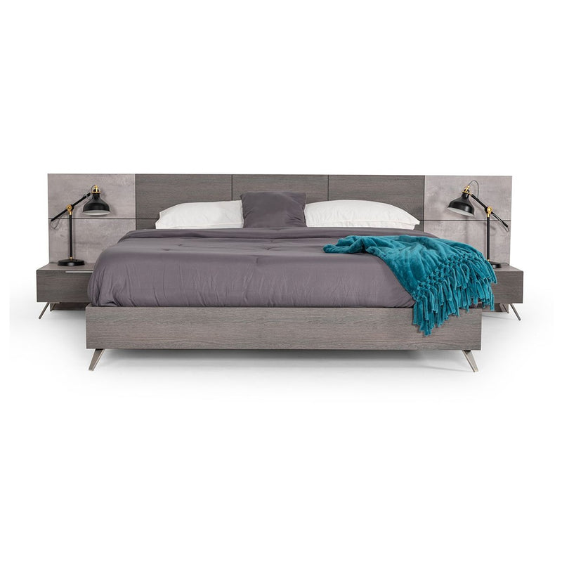 VG -NOVA DOMUS BRONX ITALIAN MODERN FAUX CONCRETE & GREY BED + 2 NIGHTSTANDS SET