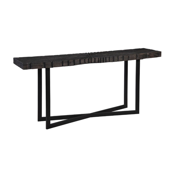 PC- CHAINSAW CONSOLE TABLE, BURNT BLACK, BLACK IRON CROSS BASE