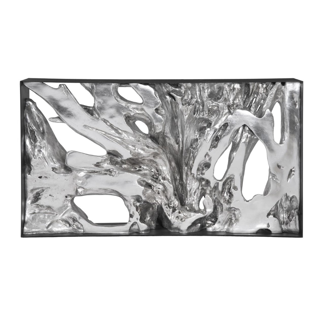 PC- CAST ROOT METAL FRAMED CONSOLE TABLE, RESIN, SILVER LEAF, SM