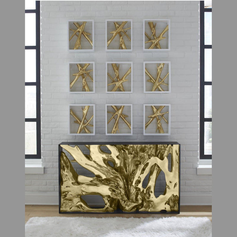 PC- CAST ROOT METAL FRAMED CONSOLE TABLE, RESIN, GOLD LEAF, SM