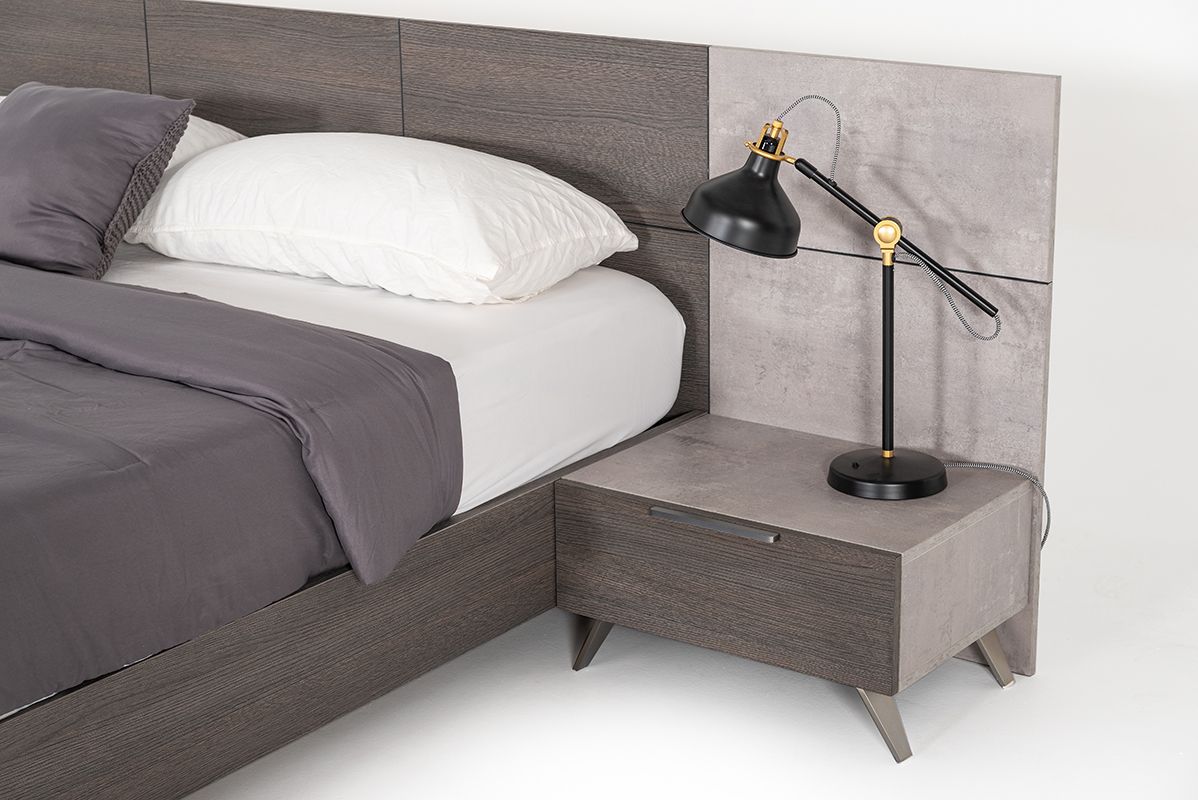 VG -NOVA DOMUS BRONX ITALIAN MODERN FAUX CONCRETE & GREY BED + 2 NIGHTSTANDS SET