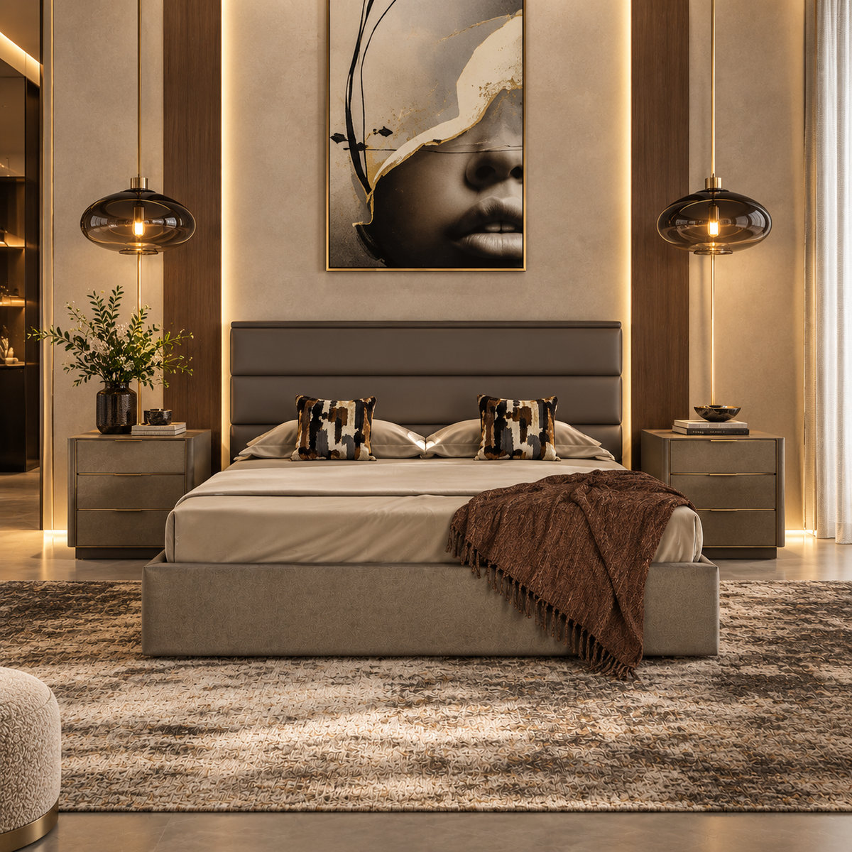 VG - MODREST LOIS - MODERN GREY LEATHER & BEIGE SHAGREEN BED