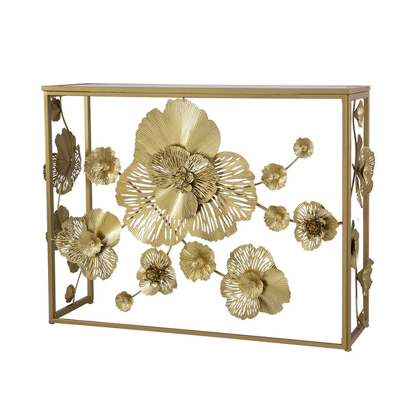 AB - GOLD MIRRORED GLASS TOP CONSOLE TABLE WITH CONTEMPORARY FLORAL DESIGN