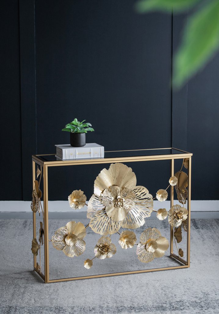 AB - GOLD MIRRORED GLASS TOP CONSOLE TABLE WITH CONTEMPORARY FLORAL DESIGN