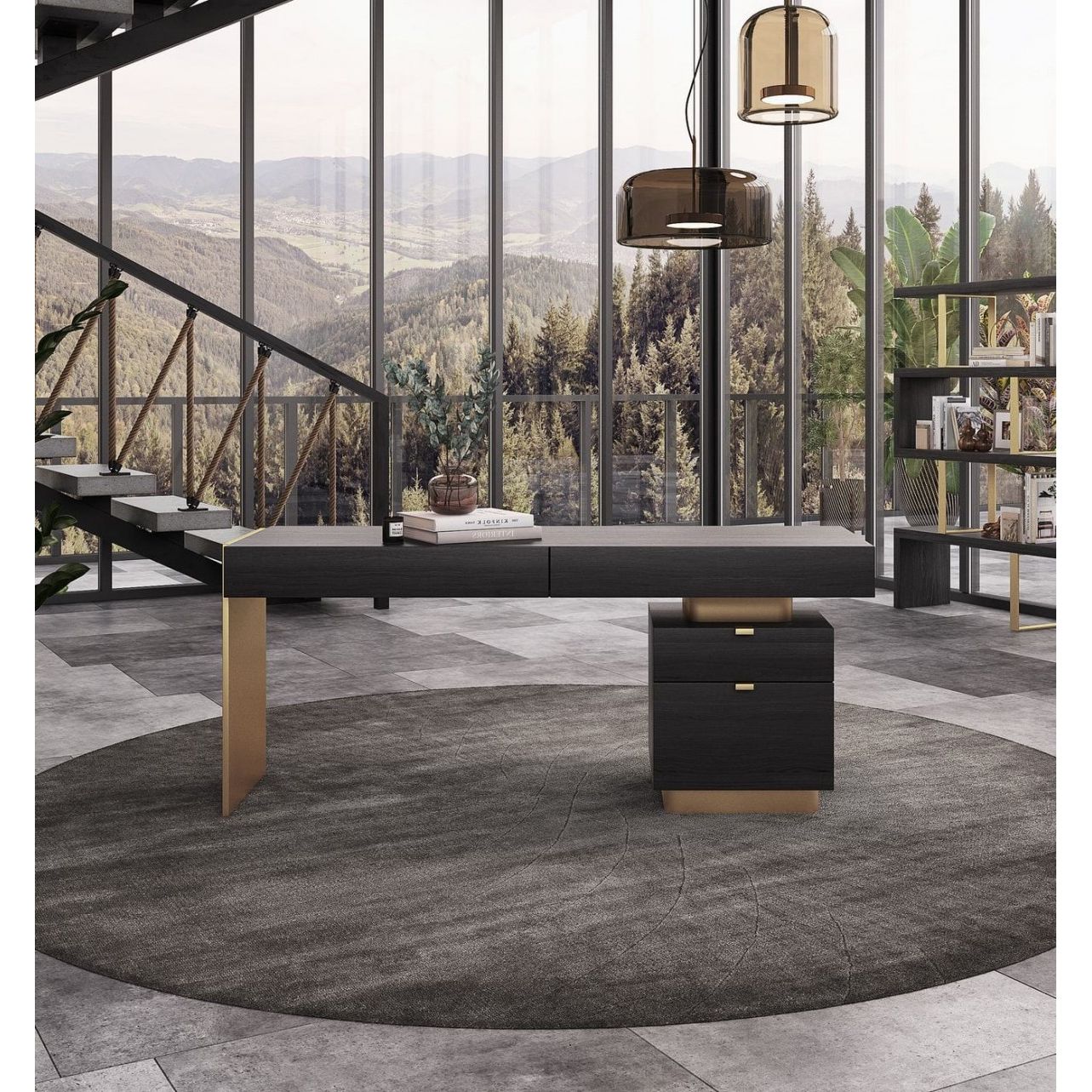 VG - MODREST TRAHAN - MODERN GREY ELM AND GOLD OFFICE DESK